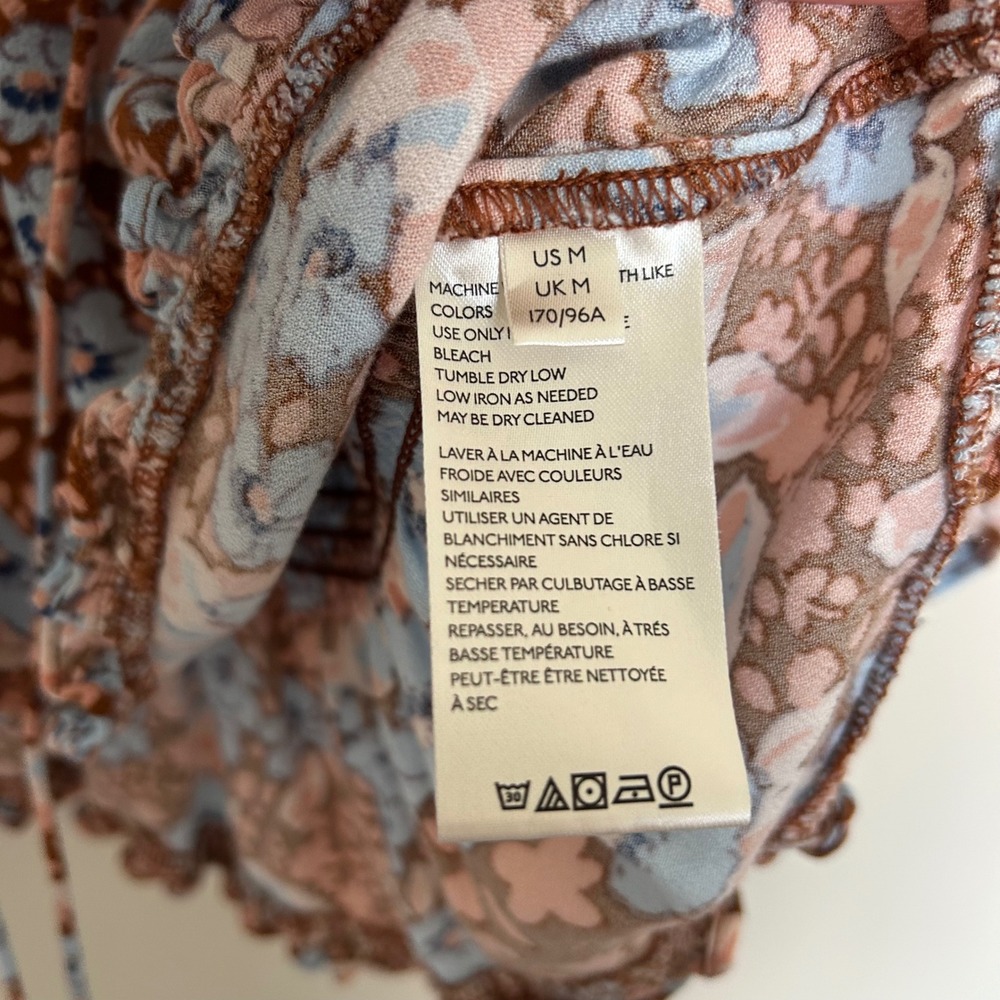 Free People Blouse Blue Brown M Floral Smocked Back Ruffle V-Neck Tie Boho Top - Picture 5 of 8